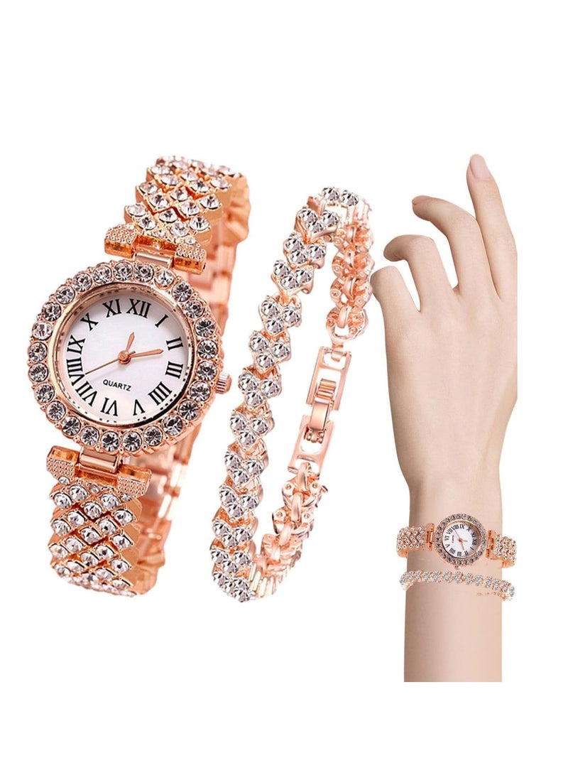Women Luxury Watches, 2 PCS Analogue Quartz Diamond Watches with Stainless Steel Strap, Lady Watches with Bracelet Set, Lady Rhinestone Wrist Watch and Jewelry Cuff Bracelet Set - Image 1
