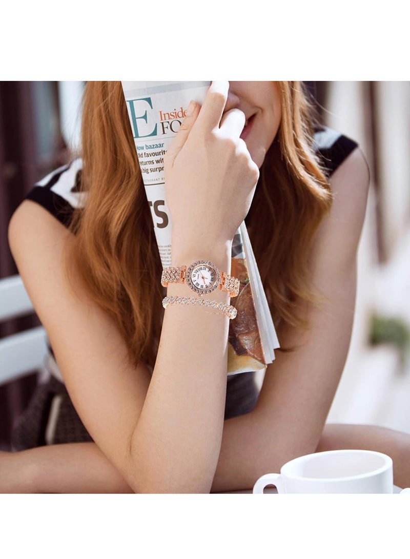 Women Luxury Watches, 2 PCS Analogue Quartz Diamond Watches with Stainless Steel Strap, Lady Watches with Bracelet Set, Lady Rhinestone Wrist Watch and Jewelry Cuff Bracelet Set - Image 4