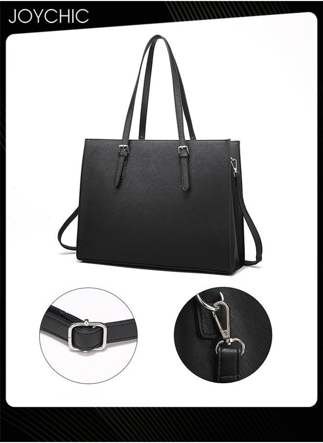 Joychic Women Lightweight Large Capacity Laptop Bag Leather Work Computer Tote Waterproof Briefcase 15.6 Inch Netbook Business Office Shoulder Messenger Bag Black  - Image 4