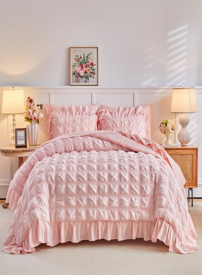 Tititada Blush Pink Plaid Seersucker Comforter Set with Ruffled Fringe King Size, 3 Pieces Soft Fluffy Farmhouse Bedding Set for All Season, King Bed Set with Ruffle Shams (Blush Pink, King) - Image 2