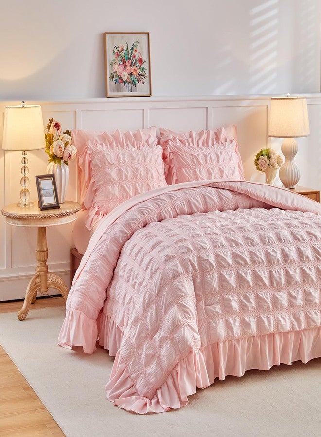 Tititada Blush Pink Plaid Seersucker Comforter Set with Ruffled Fringe King Size, 3 Pieces Soft Fluffy Farmhouse Bedding Set for All Season, King Bed Set with Ruffle Shams (Blush Pink, King) - Image 1