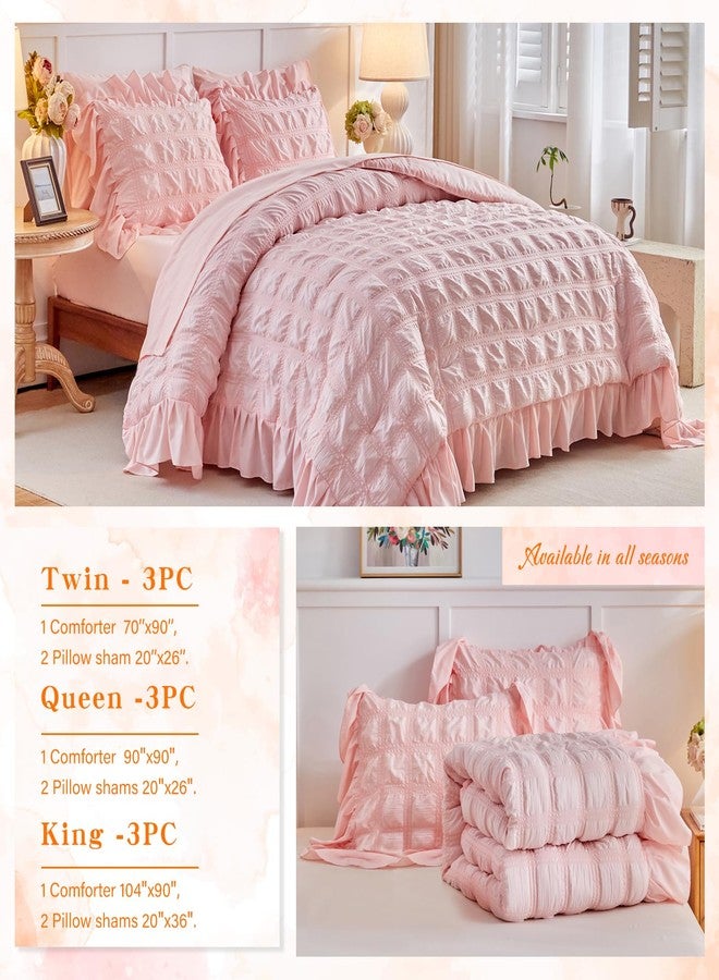 Tititada Blush Pink Plaid Seersucker Comforter Set with Ruffled Fringe King Size, 3 Pieces Soft Fluffy Farmhouse Bedding Set for All Season, King Bed Set with Ruffle Shams (Blush Pink, King) - Image 5