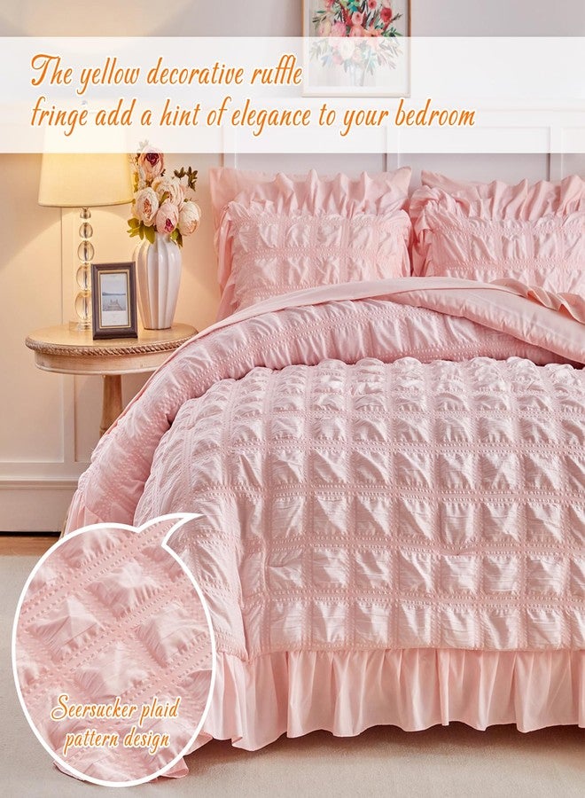 Tititada Blush Pink Plaid Seersucker Comforter Set with Ruffled Fringe King Size, 3 Pieces Soft Fluffy Farmhouse Bedding Set for All Season, King Bed Set with Ruffle Shams (Blush Pink, King) - Image 3