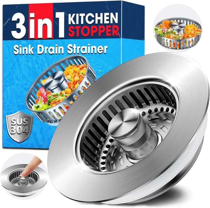 KEYOZA Upgraded 3in1 Kitchen Sink Drain Strainer & Sink Stopper, Stainless Steel Kitchen Drain Plug & Sink Installation Parts with Anti-Clogging Basket, Fit US Standard 3-1/2'' Sink Drain Hole - Image 1