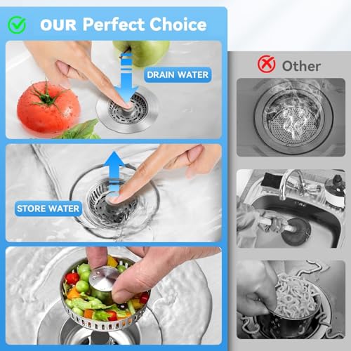 KEYOZA Upgraded 3in1 Kitchen Sink Drain Strainer & Sink Stopper, Stainless Steel Kitchen Drain Plug & Sink Installation Parts with Anti-Clogging Basket, Fit US Standard 3-1/2'' Sink Drain Hole - Image 2