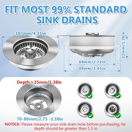 KEYOZA Upgraded 3in1 Kitchen Sink Drain Strainer & Sink Stopper, Stainless Steel Kitchen Drain Plug & Sink Installation Parts with Anti-Clogging Basket, Fit US Standard 3-1/2'' Sink Drain Hole - Image 4