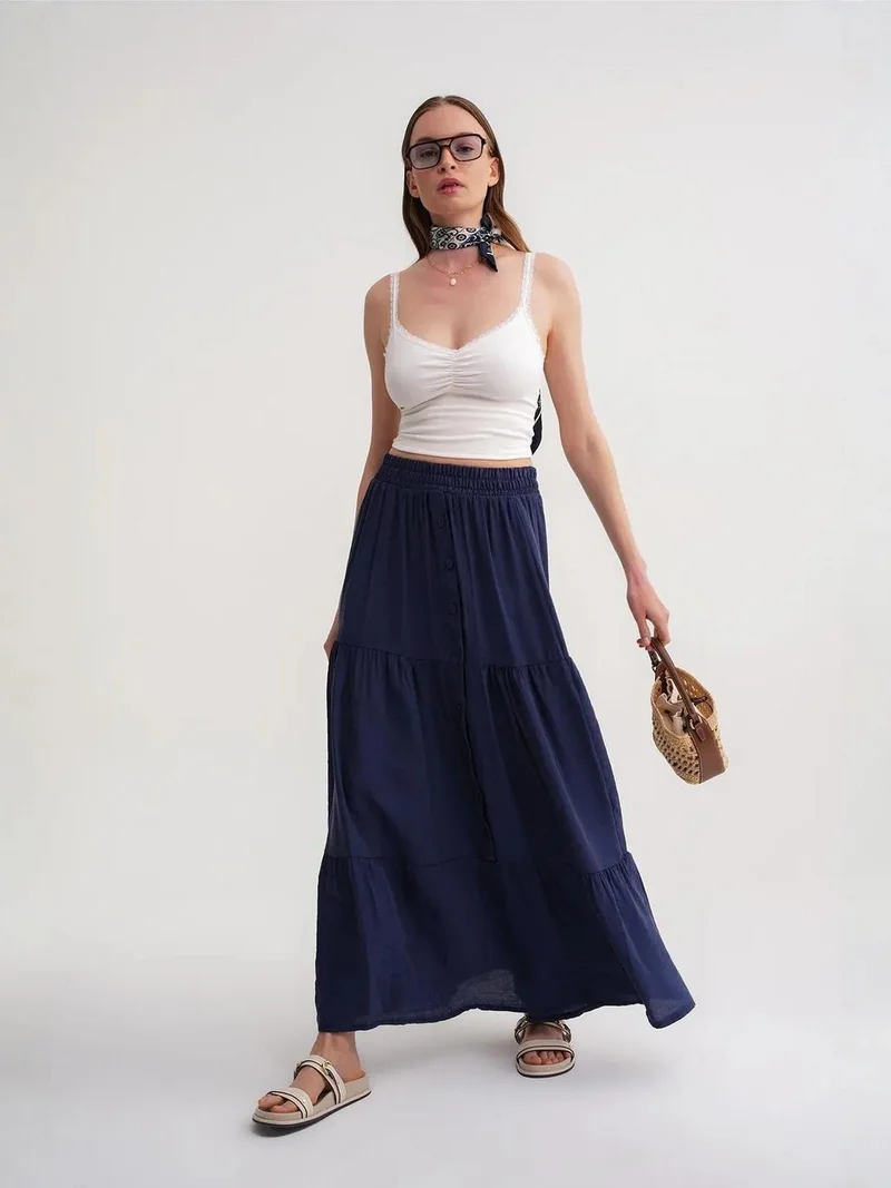 Mixray Navy Blue Mixray High Waist Maxi Skirt for Women | Best Price UAE
