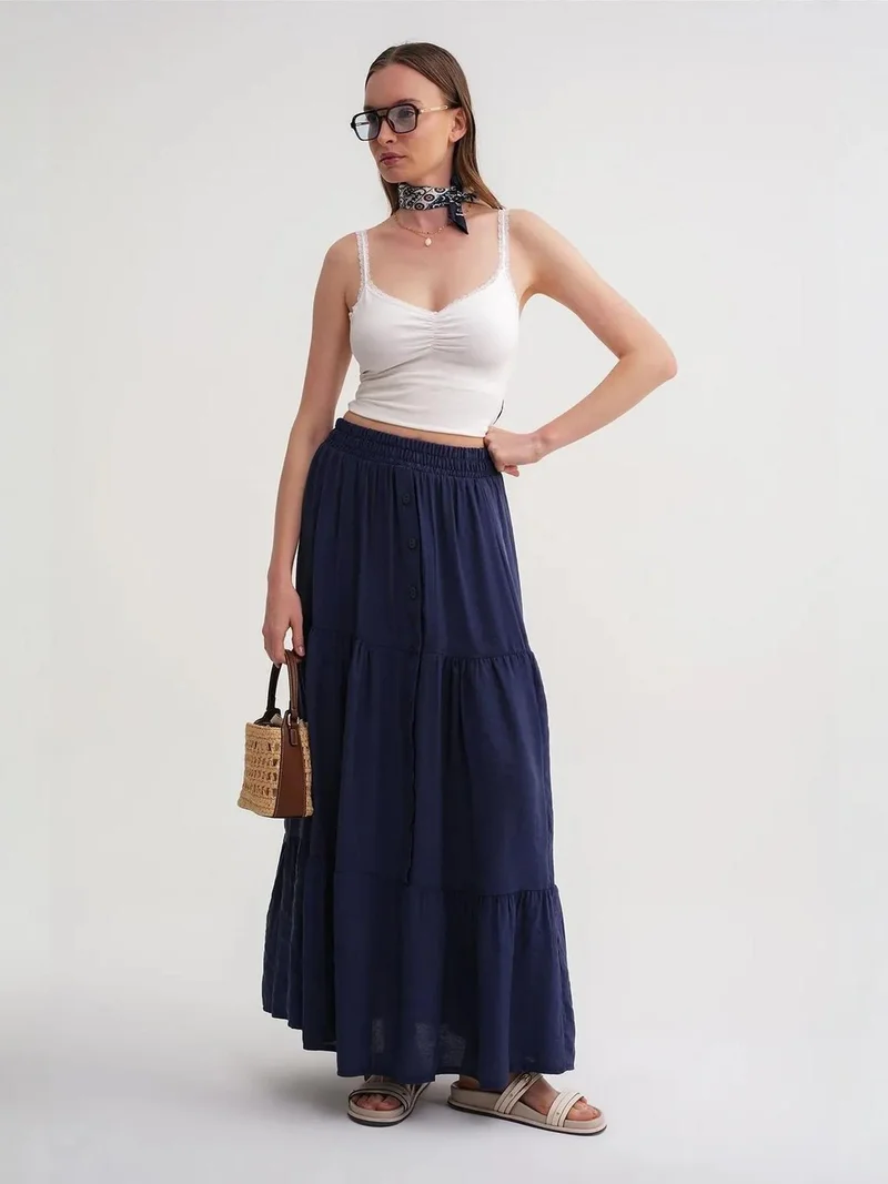 Mixray Navy Blue Mixray High Waist Maxi Skirt for Women | Best Price UAE