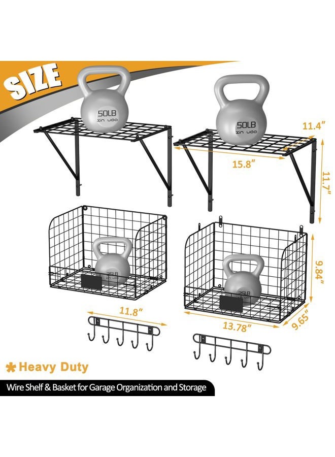ThreeHio 2 Pack Garage Shelves Wall Mounted with Wire baskets, Heavy Duty Garage Wall Shelving with Hooks, Wire Shelf Baskets Tool Organizer for Home Garden Garage Organization and Storage - Image 5