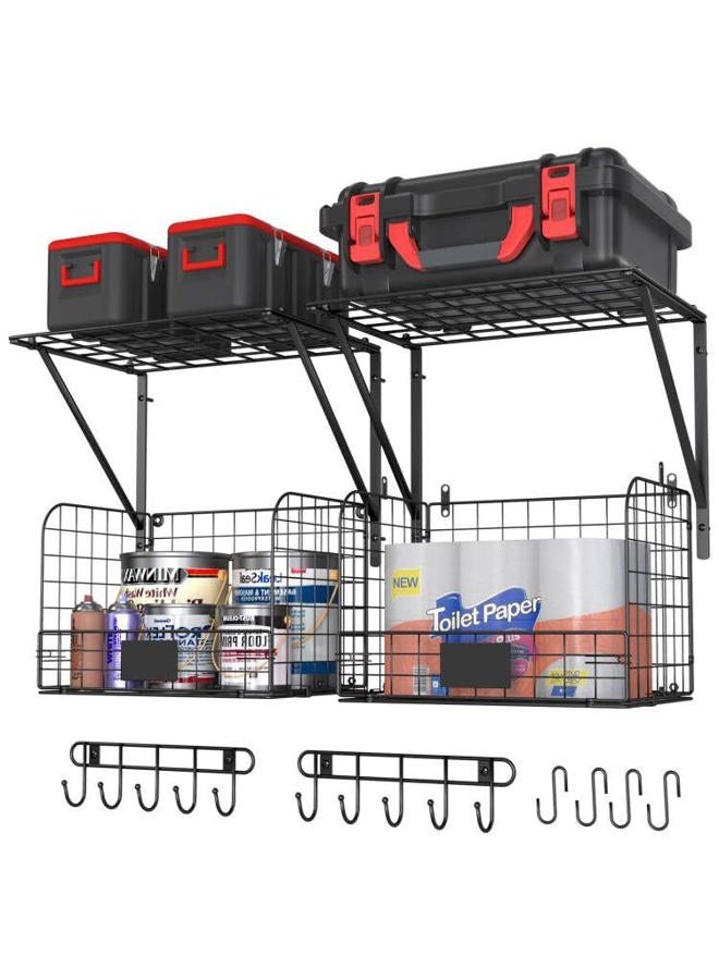 ThreeHio 2 Pack Garage Shelves Wall Mounted with Wire baskets, Heavy Duty Garage Wall Shelving with Hooks, Wire Shelf Baskets Tool Organizer for Home Garden Garage Organization and Storage - Image 1