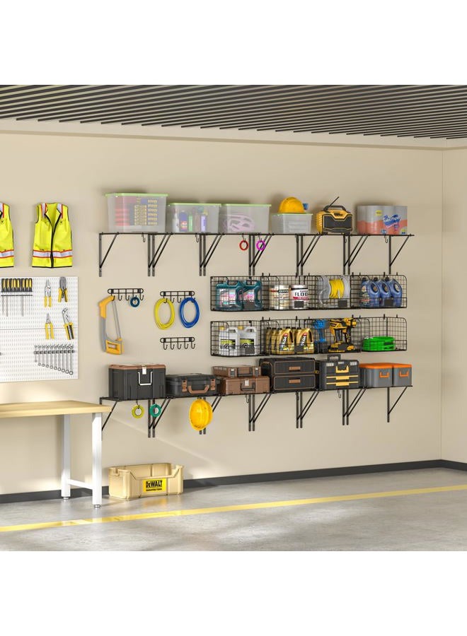 ThreeHio 2 Pack Garage Shelves Wall Mounted with Wire baskets, Heavy Duty Garage Wall Shelving with Hooks, Wire Shelf Baskets Tool Organizer for Home Garden Garage Organization and Storage - Image 4