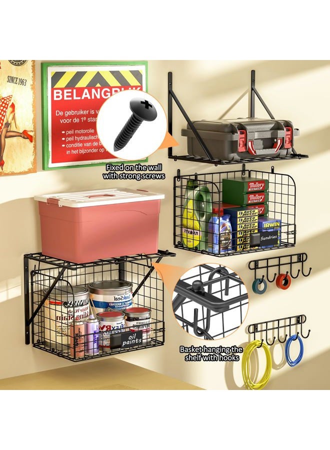 ThreeHio 2 Pack Garage Shelves Wall Mounted with Wire baskets, Heavy Duty Garage Wall Shelving with Hooks, Wire Shelf Baskets Tool Organizer for Home Garden Garage Organization and Storage - Image 3