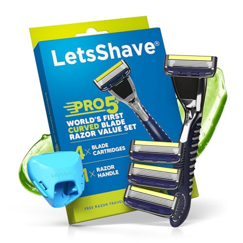 LetsShave Pro 5 Shaving Value Set for Men With 4 Blades & 1 Handle + Cap, World's First Curved Blade Razor, Face & Head Shaving Kit - Image 1