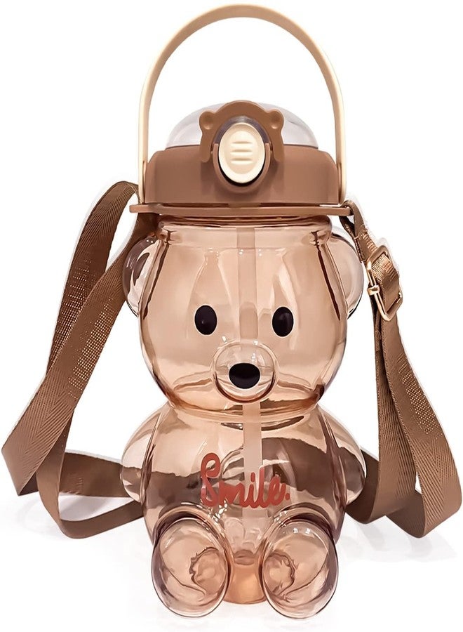 ARNIYAVALA Bear Straw Bottle,Portable Large Capacity 1 LTR Bear Water Bottles with Strap and Straw,Cute Bear Shaped Water Bottle Adjustable Removable Strap for Girls School Outdoor Travel (Brown) - Image 1