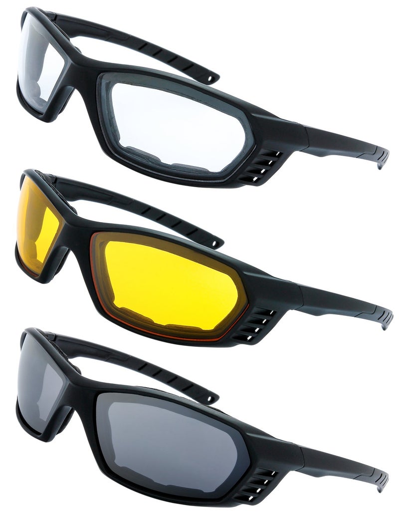 The Fresh 3 Pairs Motorcycle Riding Glasses Padded Frame Lens Block 100 UVB for Outdoor Activity Sport 5Matte Black Clear Yellow  Grey