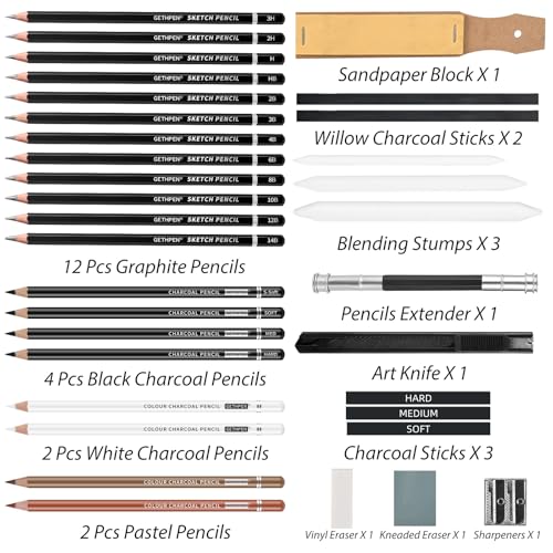GETHPEN Sketch Pencils for Drawing,34 Pcs,Graphite Pencil (14B-4H), Charcoal Pencil,With Graphite Sticks, Erasers and Sharpener, Art Pencils for Sketching,Artist Set for Beginners and Professionals - Image 2