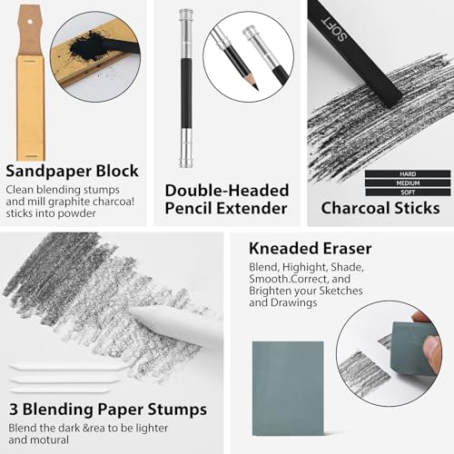 GETHPEN Sketch Pencils for Drawing,34 Pcs,Graphite Pencil (14B-4H), Charcoal Pencil,With Graphite Sticks, Erasers and Sharpener, Art Pencils for Sketching,Artist Set for Beginners and Professionals - Image 4