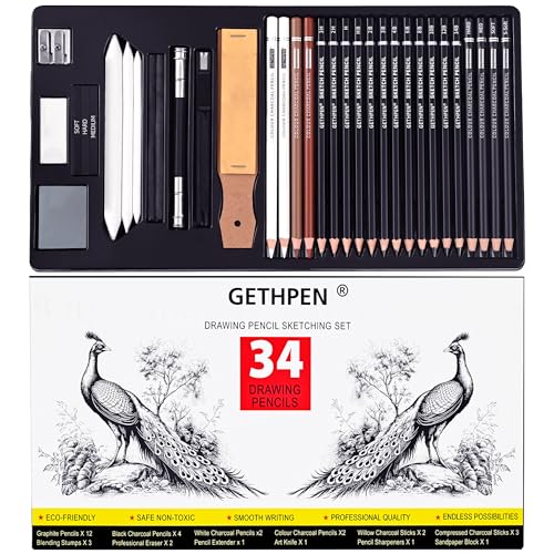 GETHPEN Sketch Pencils for Drawing,34 Pcs,Graphite Pencil (14B-4H), Charcoal Pencil,With Graphite Sticks, Erasers and Sharpener, Art Pencils for Sketching,Artist Set for Beginners and Professionals - Image 1