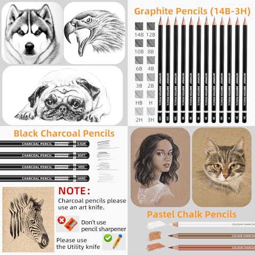 GETHPEN Sketch Pencils for Drawing,34 Pcs,Graphite Pencil (14B-4H), Charcoal Pencil,With Graphite Sticks, Erasers and Sharpener, Art Pencils for Sketching,Artist Set for Beginners and Professionals - Image 3