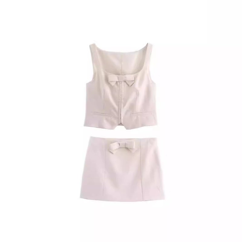 Cross-border AliExpress womens clothing foreign trade wholesale ZR bow ornaments vest-style jacket bow ornaments mini skirt suit top - Image 2