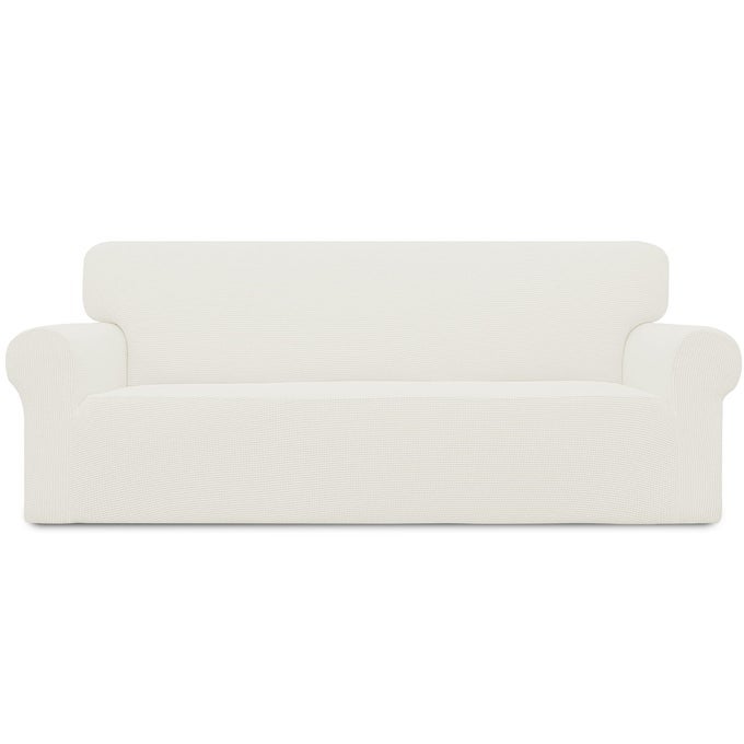 EASYGOING STRETCH OVERSIZED SOFA SLIPCOVER 1PIECE SOFA COVER FURNITURE PROTECTOR COUCH SOFT WITH ELASTIC BOTTOM FOR KIDS POLYESTER SPANDEX JACQUARD FABRIC SMALL CHECKS CREAM