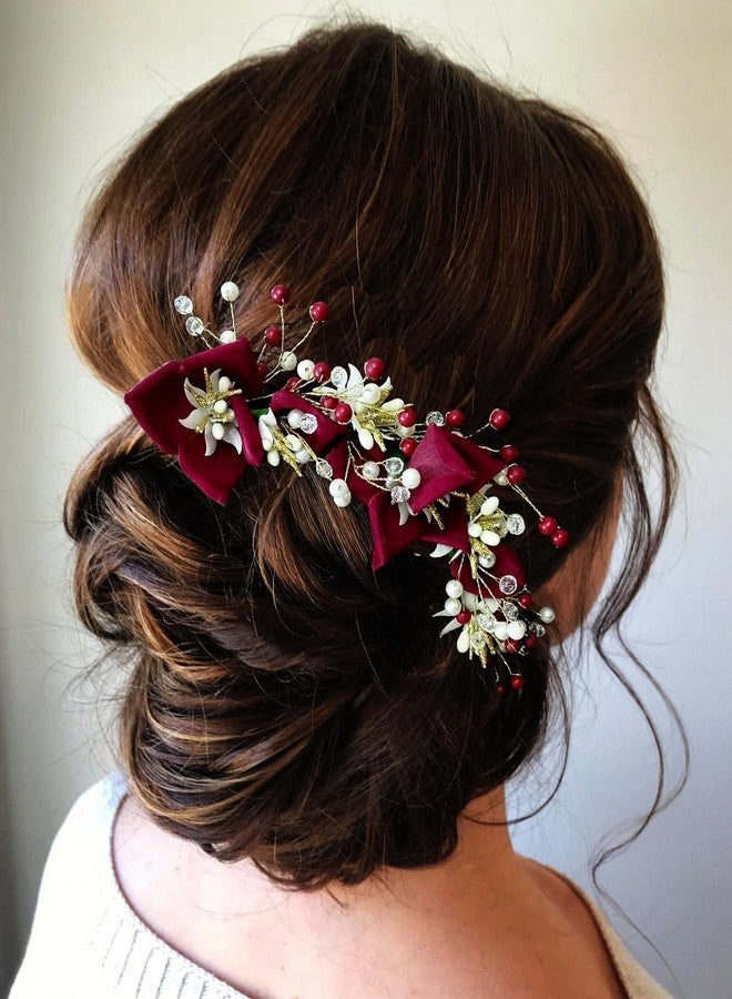 Hair Flare Artificial Lily Flower with Stone and Pearl Hair Vein/Juda Bun/Bridal Hair Pin/Hair Clip/Hair Accessories for Women & Girls - 2383, Maroon - Image 3