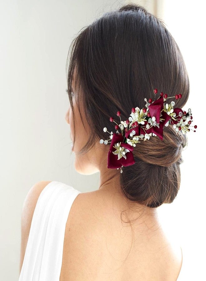 Hair Flare Artificial Lily Flower with Stone and Pearl Hair Vein/Juda Bun/Bridal Hair Pin/Hair Clip/Hair Accessories for Women & Girls - 2383, Maroon - Image 1