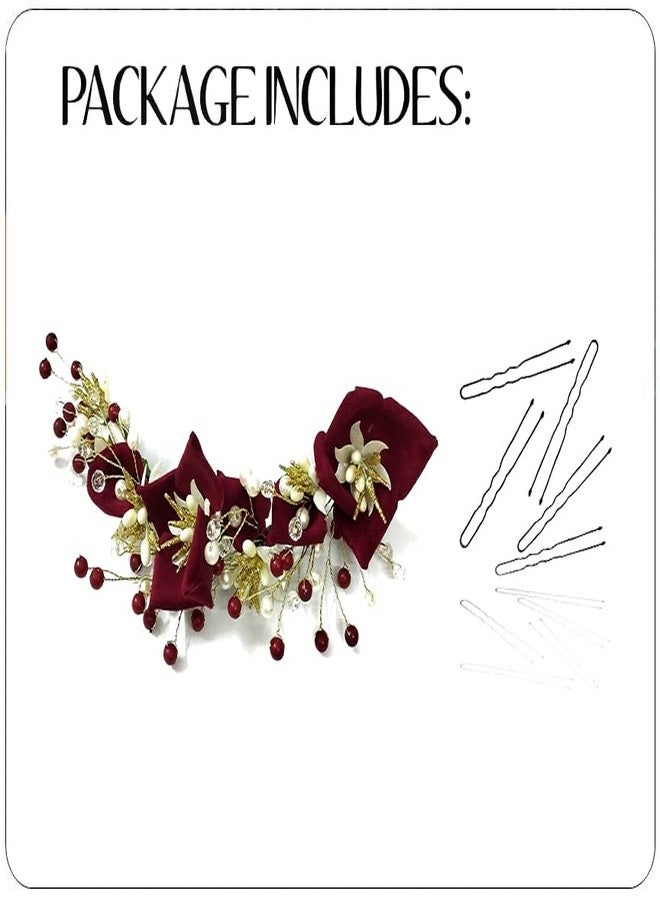 Hair Flare Artificial Lily Flower with Stone and Pearl Hair Vein/Juda Bun/Bridal Hair Pin/Hair Clip/Hair Accessories for Women & Girls - 2383, Maroon - Image 5