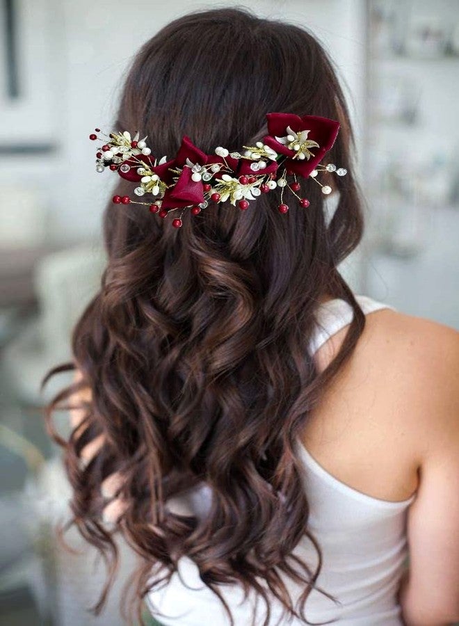 Hair Flare Artificial Lily Flower with Stone and Pearl Hair Vein/Juda Bun/Bridal Hair Pin/Hair Clip/Hair Accessories for Women & Girls - 2383, Maroon - Image 2