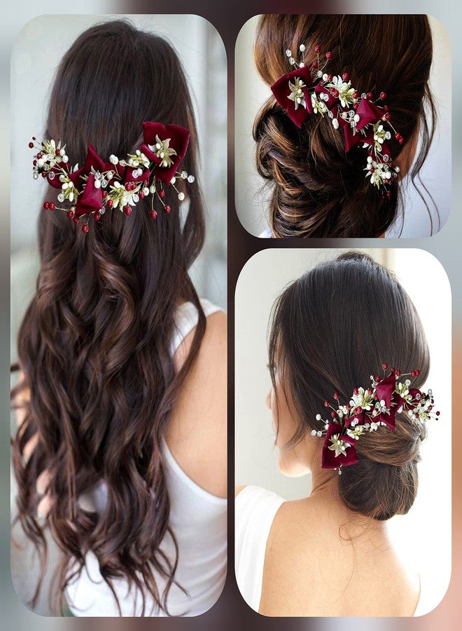 Hair Flare Artificial Lily Flower with Stone and Pearl Hair Vein/Juda Bun/Bridal Hair Pin/Hair Clip/Hair Accessories for Women & Girls - 2383, Maroon - Image 4