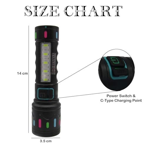 RENMAX Bright Zoom Focus & Cob Emergency LED Light with SOS Red-Blue Blinker Metal M036C Torch (Black, 14 cm, Rechargeable) - Image 2