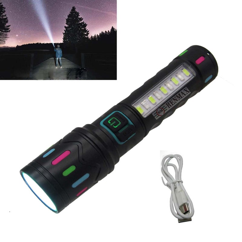 RENMAX Bright Zoom Focus & Cob Emergency LED Light with SOS Red-Blue Blinker Metal M036C Torch (Black, 14 cm, Rechargeable) - Image 5