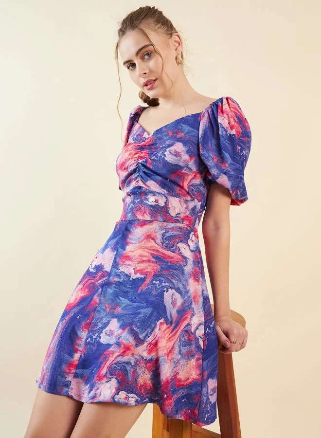 مرفوعة Women Fit and Flared Casual Marble Print Mini Dress