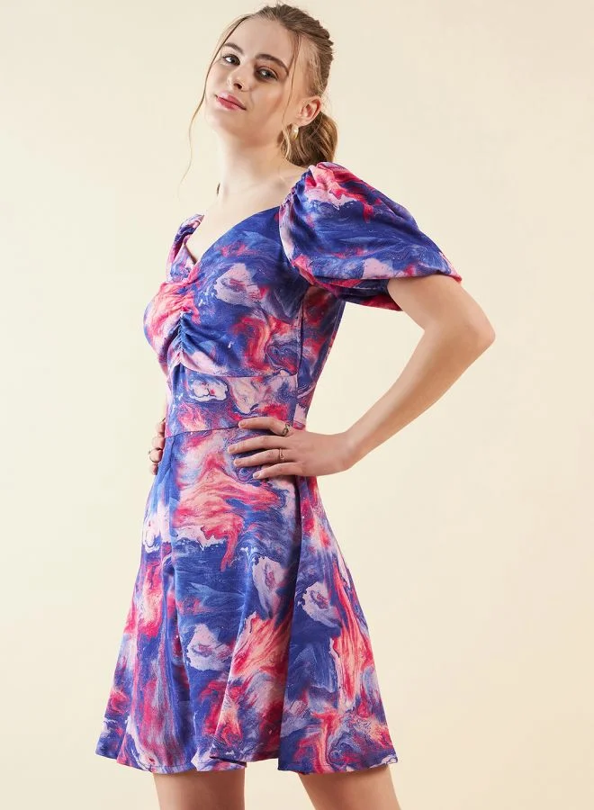 مرفوعة Women Fit and Flared Casual Marble Print Mini Dress