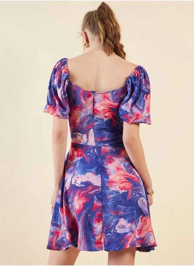 Freehand Women Fit and Flared Casual Marble Print Mini Dress