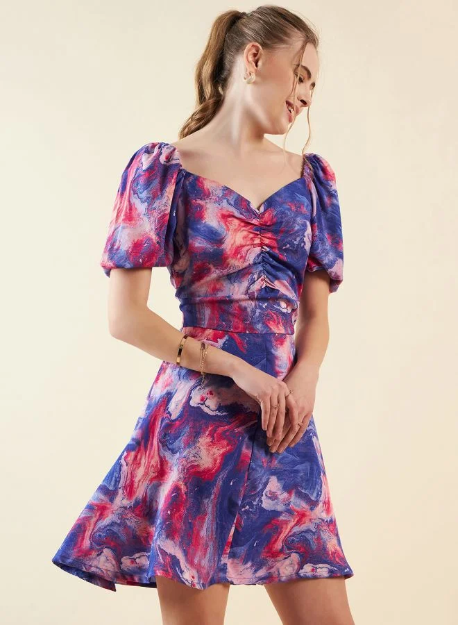 مرفوعة Women Fit and Flared Casual Marble Print Mini Dress
