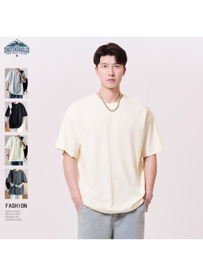 Dingfengbaoluo Men's Summer Basic Loose Short Sleeve T-shirt Solid Color Pure Cotton Style Inner Wear Df230 Apricot L - Image 3