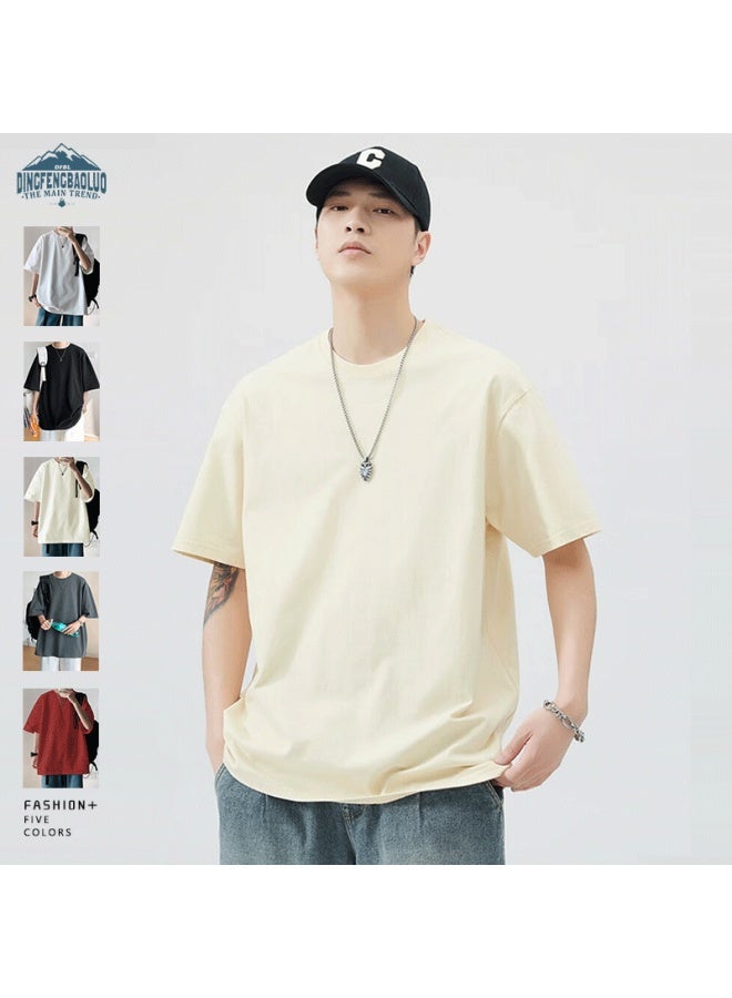 Dingfengbaoluo Men's Summer Basic Loose Short Sleeve T-shirt Solid Color Pure Cotton Style Inner Wear Df230 Apricot L - Image 2