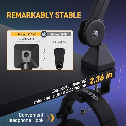 MAONO Microphone Boom Arm Heavy Duty Adjustable Metal Suspension mic stand with Upgraded Desk Clamp and 38 to 58 Screw Adapter for Podcasting Recording Streaming Gaming BA37 - Image 3