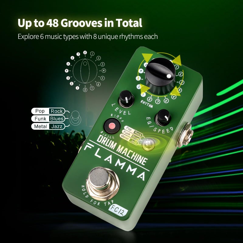 FLAMMA FC12 Drum Machine Guitar Pedal Drum Pedal with Real-Time FILL Function, Guitar Effect Pedal with 48 Drum Grooves 6 Music Styles & Tap Tempo EQ Presets, 44.1kHz/24Bit Mini Pedal - Image 2