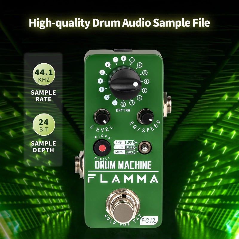 FLAMMA FC12 Drum Machine Guitar Pedal Drum Pedal with Real-Time FILL Function, Guitar Effect Pedal with 48 Drum Grooves 6 Music Styles & Tap Tempo EQ Presets, 44.1kHz/24Bit Mini Pedal - Image 4