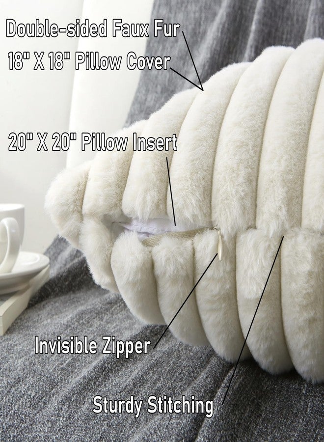 WHATWEARS Decorative Throw Pillow with Inserts, Set of 2 Soft Faux Fur Throw Pillows, Square Boho Striped Pillow for Couch, Bed, Sofa Decor(Beige, 18" x 18") - Image 3