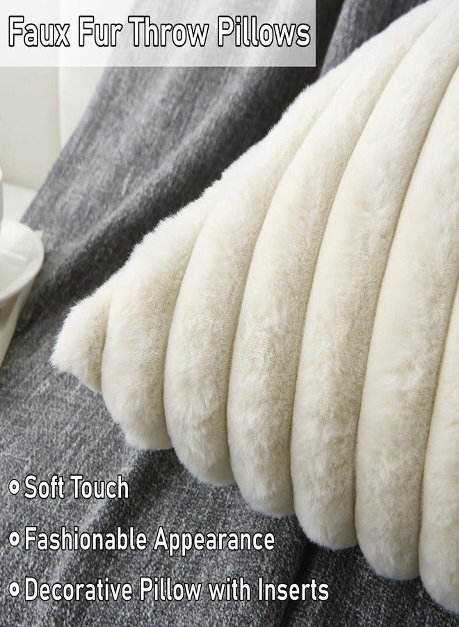 WHATWEARS Decorative Throw Pillow with Inserts, Set of 2 Soft Faux Fur Throw Pillows, Square Boho Striped Pillow for Couch, Bed, Sofa Decor(Beige, 18" x 18") - Image 5