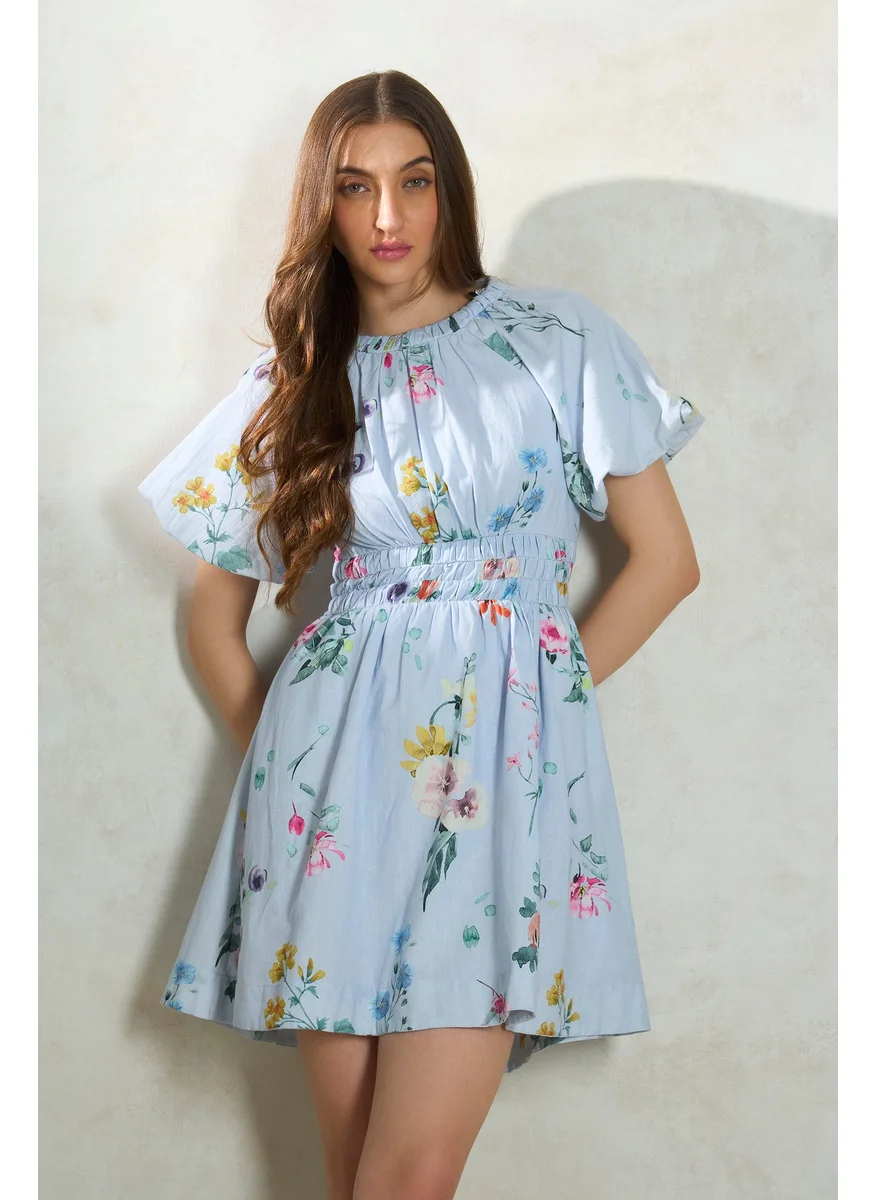 Virgio Virgio Floral Printed Flared Sleeve Fit & Flare Mini Dress