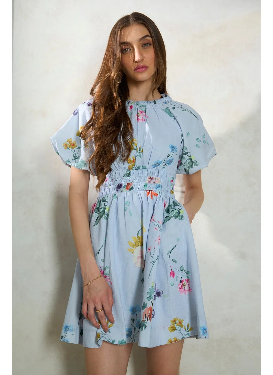 Virgio Virgio Floral Printed Flared Sleeve Fit & Flare Mini Dress