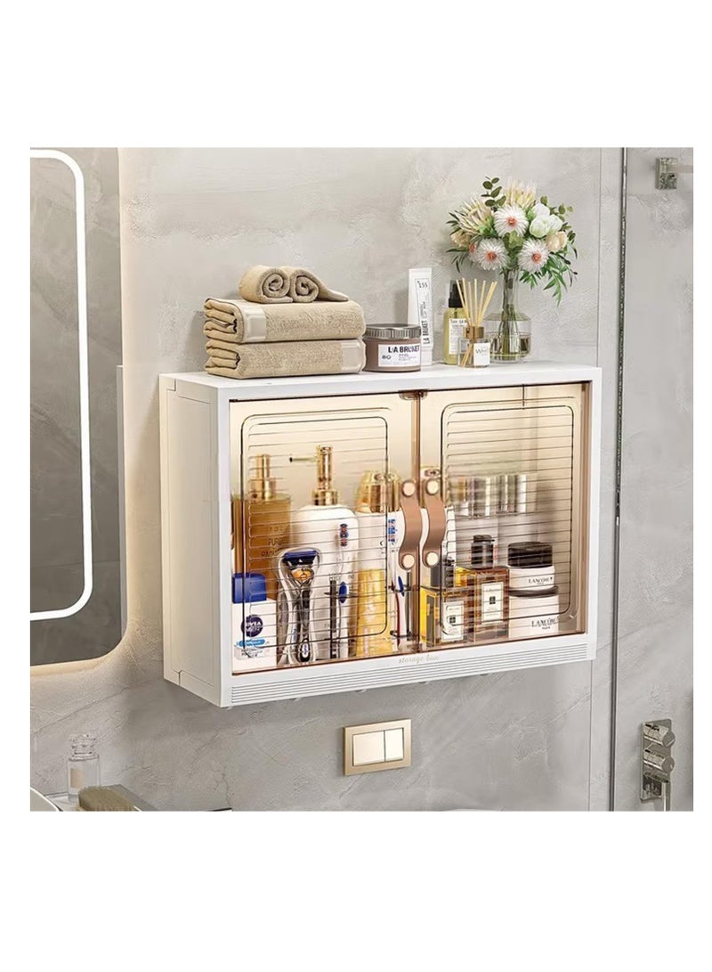 Generic Bathroom Shelf Wall Mounted Storage Cabinet,Bathroom Storage Cabinet Wall Mounted Bathroom Cabinet Storage Shelf with 5 Hooks Double Door Medicine Cabinet for Bathroom Cosmetic Skin Care and Kitchen Spice Organizer Waterproof and Dustproof  - Image 1