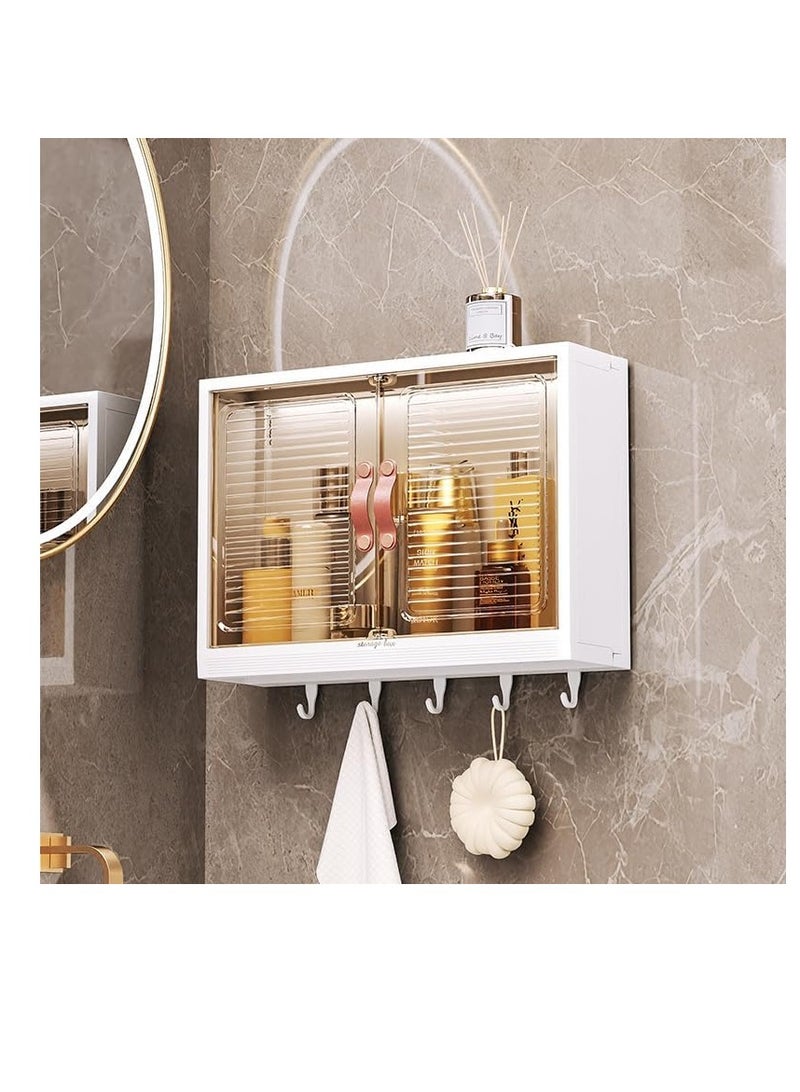 Generic Bathroom Shelf Wall Mounted Storage Cabinet,Bathroom Storage Cabinet Wall Mounted Bathroom Cabinet Storage Shelf with 5 Hooks Double Door Medicine Cabinet for Bathroom Cosmetic Skin Care and Kitchen Spice Organizer Waterproof and Dustproof  - Image 3