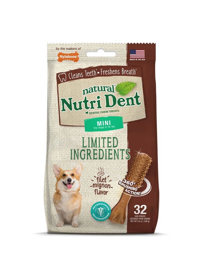 Nylabone Nutri Dent Dog Dental Chews - Natural Dog Teeth Cleaning & Breath Freshener - Dental Treats for Dogs - Filet Mignon Flavor, Mini (32 Count)  - Image 1