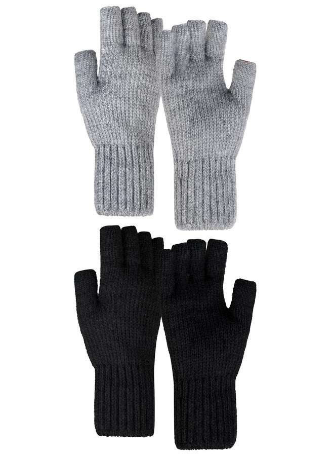yeabwps 2 Pairs Fingerless Gloves for Women and Men Winter Thick Warm Half Finger Knitted Gloves for Texting Typing Driving Working (Black and Grey, Medium) - Image 1