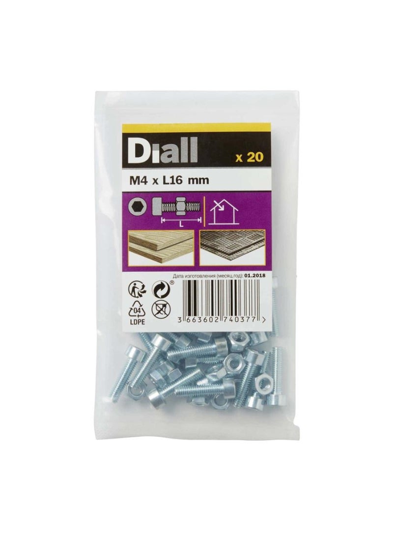 M4 Cylindrical Carbon Steel Set Screw And Nut 16 Mm 20 Piece